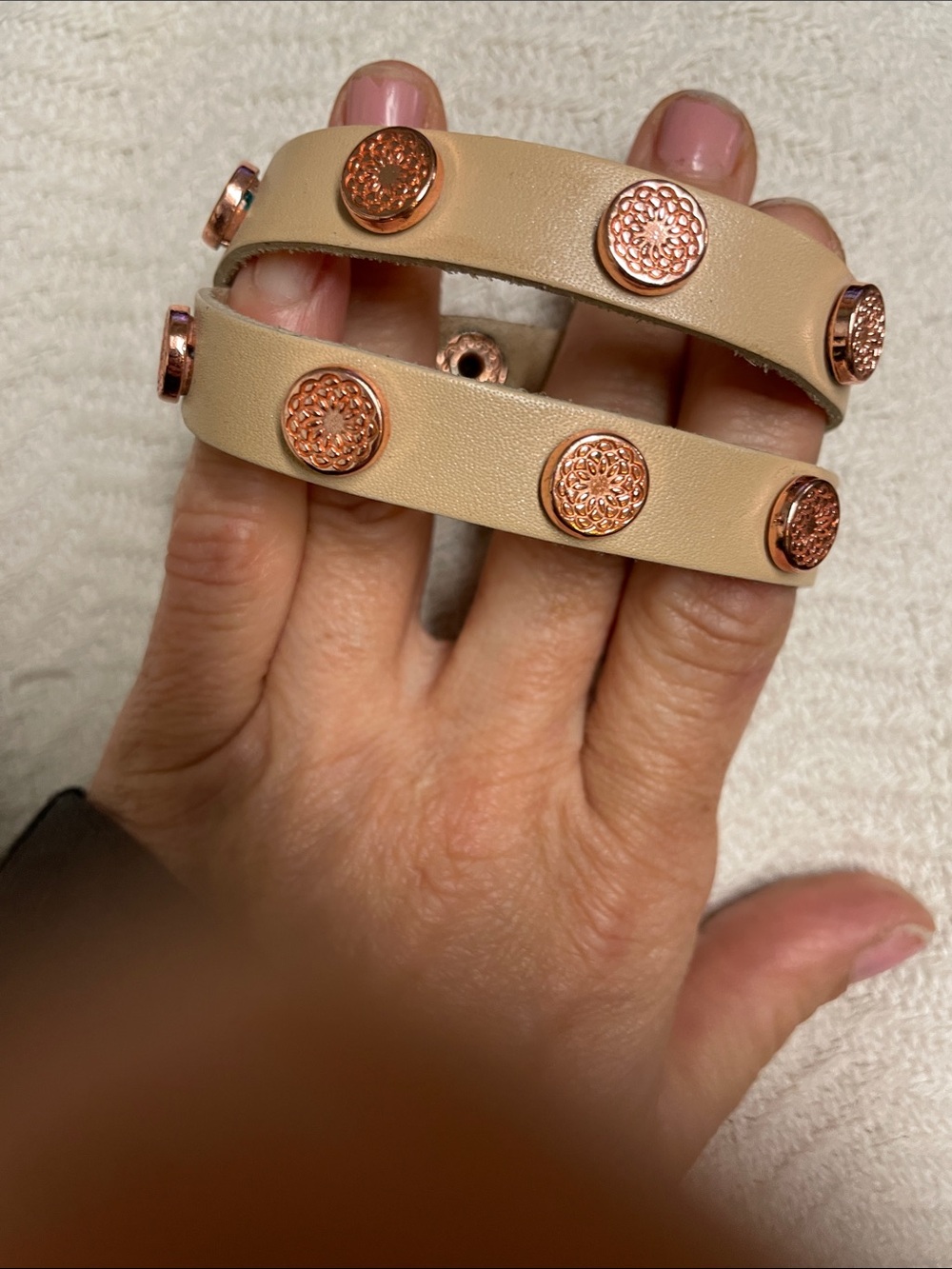 Beige Leather Double-Wrap Bracelet with Rose Gold Studs